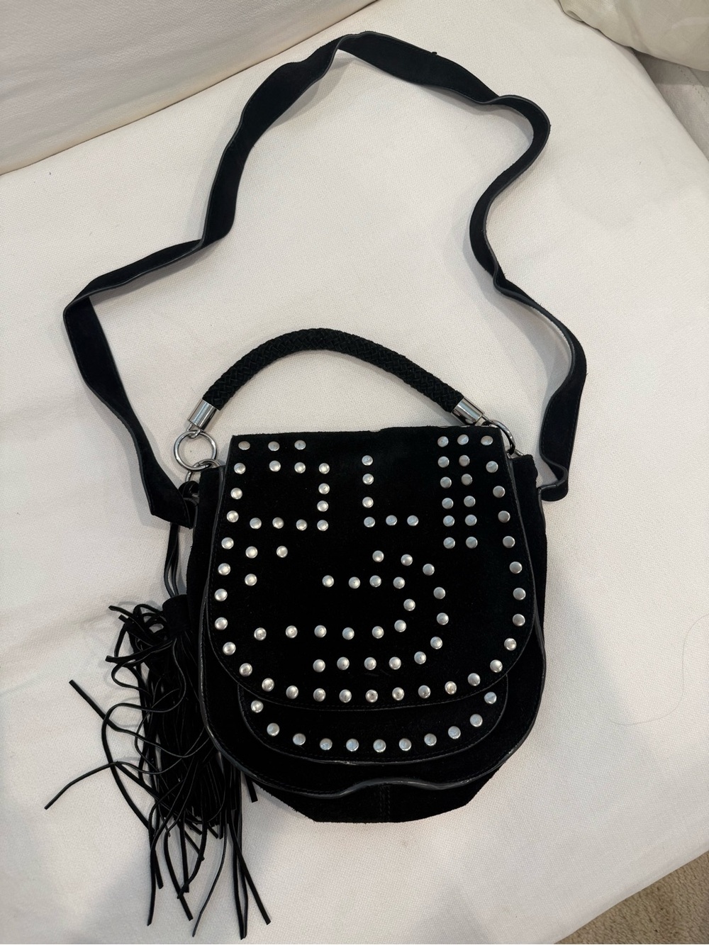 VTG Sam Edelman Black Studded Velvet Crossbody with Fringe